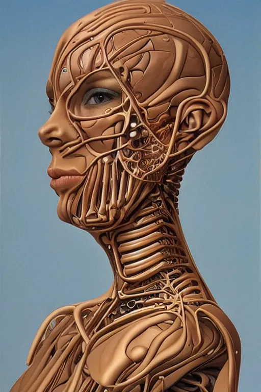 Prompt: beautiful portrait of biomechanical being by andrey remnev, detailed, realistic skin color