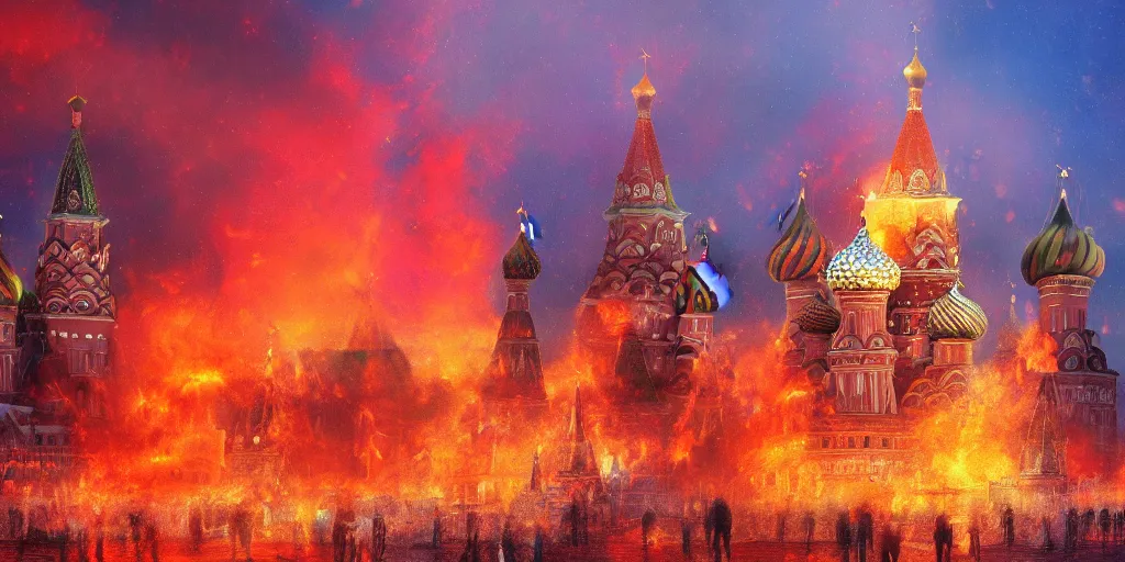 Image similar to beautiful image of burning Red Square in Moscow with fire, saturated, detailed lighting, high quality, sharp focus, intricate, digital painting, artstation, 8k