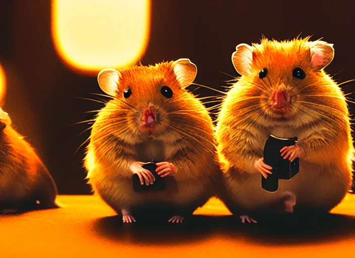 Image similar to hamsters in a cinema, movie still, cinematic, sharp focus, color grading from blade runner 2 0 4 9, cinematic grain, cinematic lighting, 8 k