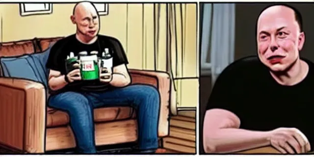 Image similar to sad bald poor elon musk drinking a can of beer in the couch while watching tv in a dirty house