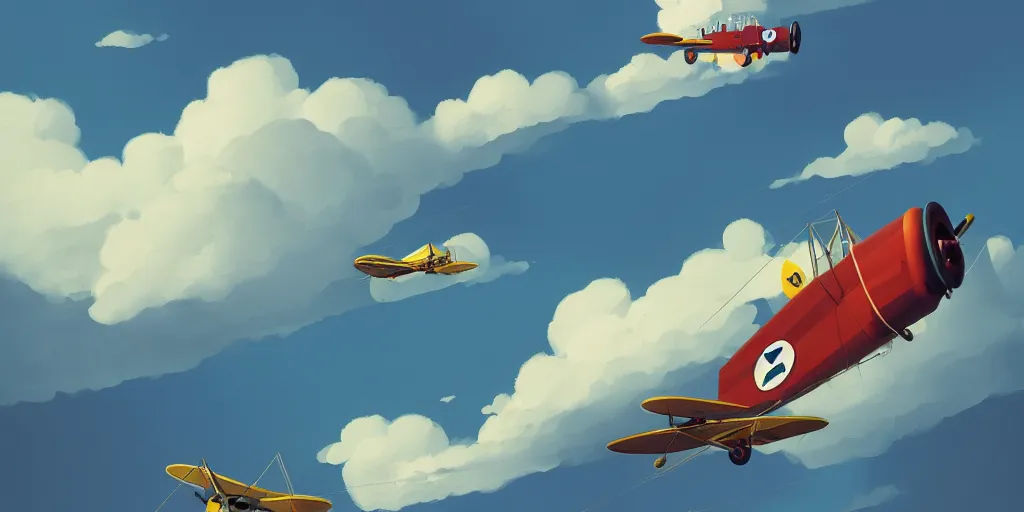 Prompt: an biplanes with puffy clouds by Goro Fujita and Simon Stalenhag , 8k, trending on artstation, hyper detailed, cinematic