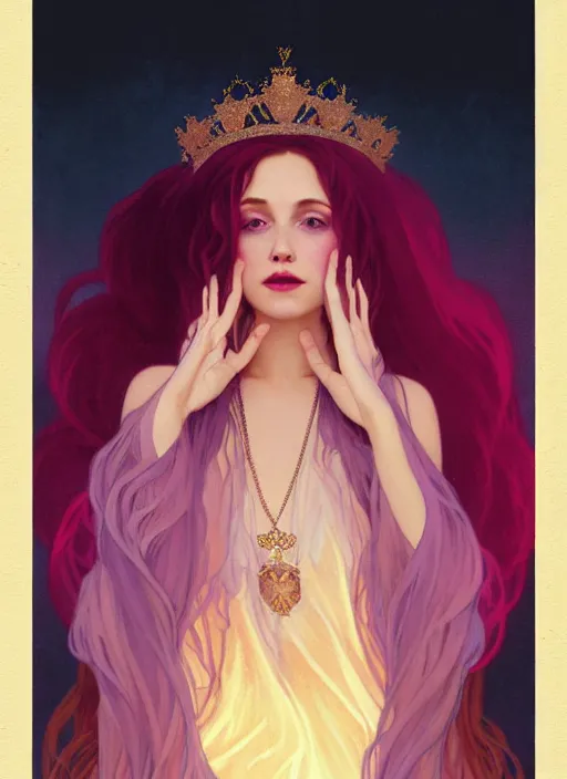 Image similar to ombre velvet gown, lovely queen, portrait, long hair, small crown, large faceted gemstone necklaces, feral languid woman, by greg rutkowski, anato finnstark, alphonse mucha, global illumination, radiant light