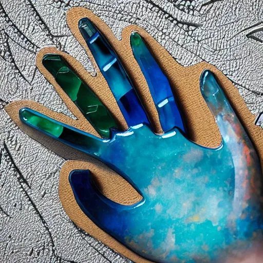 Image similar to “hand sculpture made from colorful gemstone, 35 mm product photo”