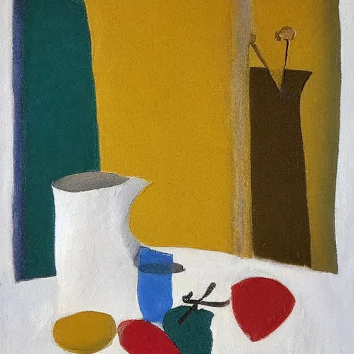 Prompt: a painting by ben nicholson in the style of ivon hitchens, table still life with cards. jug. apple