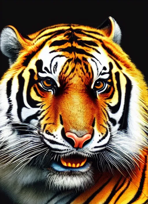 Image similar to a color photo of a tiger, a photorealistic painting by christian w. staudinger, behance, hyperrealism, hyper realism, majestic, wallpaper