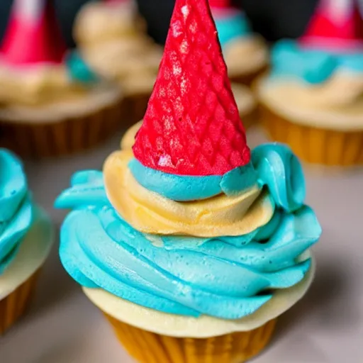 Image similar to hyper realistic cupcake gnome with wafflecone hat