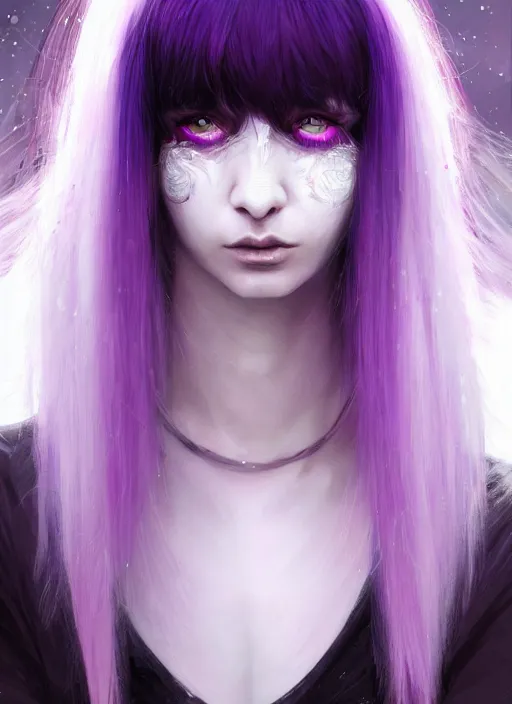 Image similar to hair whitebangs hair, black cyberlox, portrait of normal teenage girl, white bangs, messy bangs, fluffy bangs, cyberlox, whitebangs, red irises, purple background, intricate, elegant, highly detailed, digital painting, artstation, concept art, sharp focus, smooth, illustration, art by wlop, mars ravelo and greg rutkowski