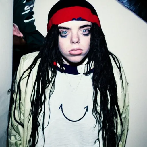 Image similar to billie eilish as an american rapper in 1990 4k