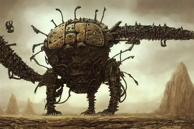 Image similar to giant armored ashigaru beetle war construct golem, glowing gnostic brian froud markings, rotating scythe blades, magic and steam - punk inspired, in an ancient stone circle on a plateau in a blizzard, kanji markings, concept painting by jessica rossier, hr giger, john berkey