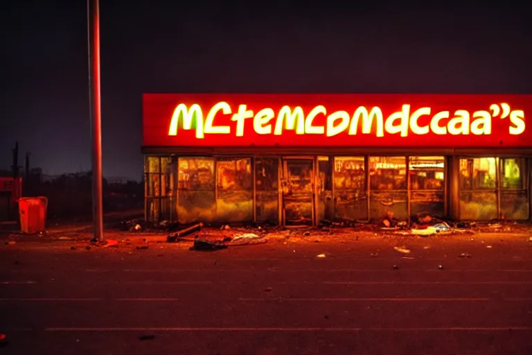 Image similar to post apocalyptic mcdonalds being used as a shelter, dystopian, fire, people huddled, night, neon sign, rust