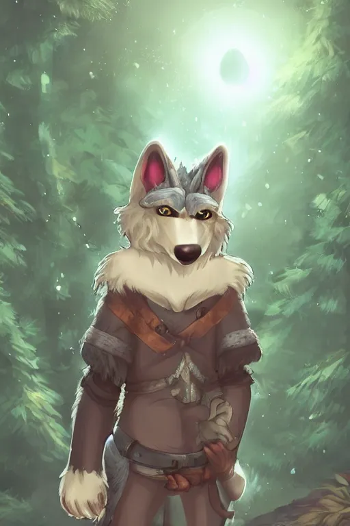 Image similar to a pretty medieval anthropomorphic wolf with a fluffy tail in the forest, comic art, trending on furaffinity, cartoon, kawaii, backlighting, furry art!!!, radiant light, bokeh, trending on artstation, digital art