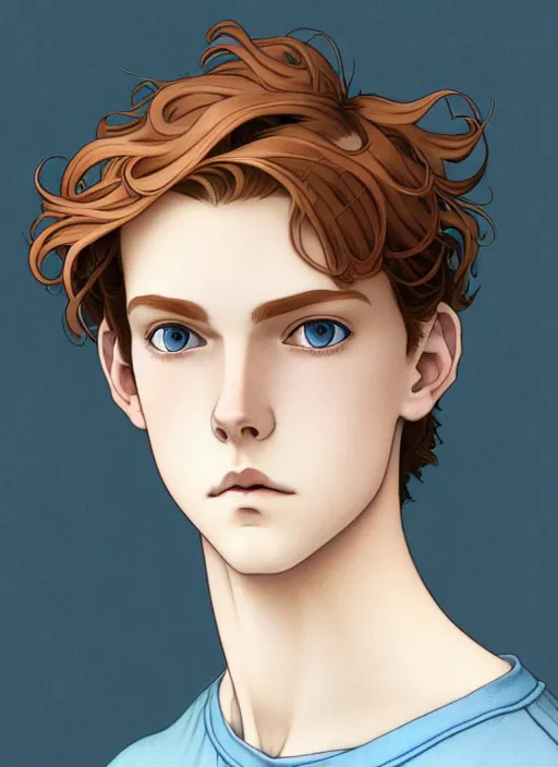 Image similar to art nouveau portrait of a teen boy with completely straight auburn hair, light blue eyes, pale skin, freckles, sad expression, t - shirt, modern casual clothing, natural lighting, path traced, highly detailed, high quality, cartoon, digital painting, by don bluth and ross tran and studio ghibli and alphonse mucha