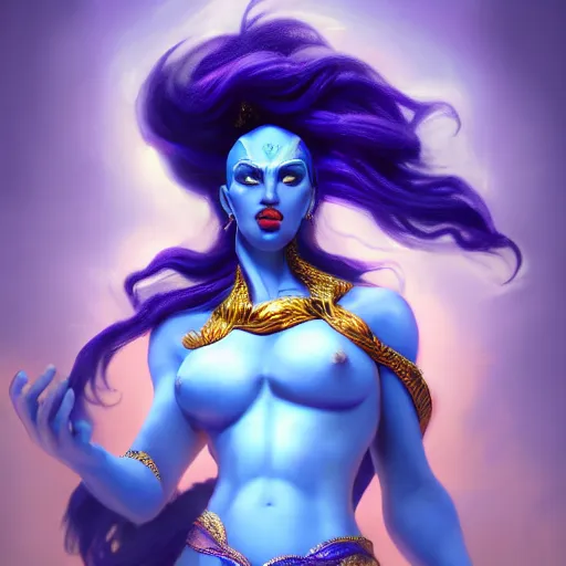 Image similar to all powerful genie, ecstatic, infinite power, manic, perfect eyes, full body shot, magical being, magic, portrait, noble, transformation, vivid colors, elegant, concept art, sharp focus, digital art, Hyper-realistic, 4K, Unreal Engine, Highly Detailed, HD, Dramatic Lighting by Brom, trending on Artstation