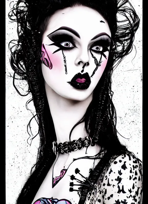 Image similar to of a goth girl burlesque psychobilly punk, detailed face, white background, drawing, full body shot