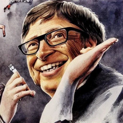 Image similar to bill gates holding a vaccine in his hand, Body horror, by Ralph Steadman