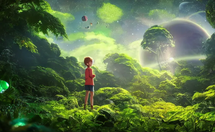 Image similar to a still of a cute adorable tiny astronaut, on a planet of lush foliage, with an enormous kaiju dragon surrounding, magical forest, sharp focus, neon backlit, highly detailed, disney pixar studio ghibli makoto shinkai, digital painting, matte, octane render, global illumination, iridescent, anime, 8 k