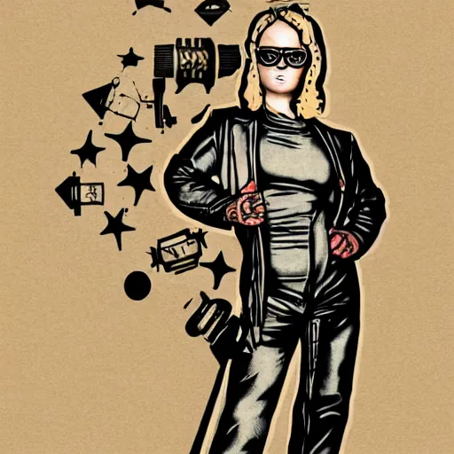 Image similar to tattooed stoic heroic emotionless dirty butch blonde woman engineer with very short slicked - back hair, uncomfortable awkward and anxious, at fancy costume party, wearing dark - lensed victorian goggles, wearing flight suit, moebius, rough paper, smooth median photoshop filter cutout vector, behance hd