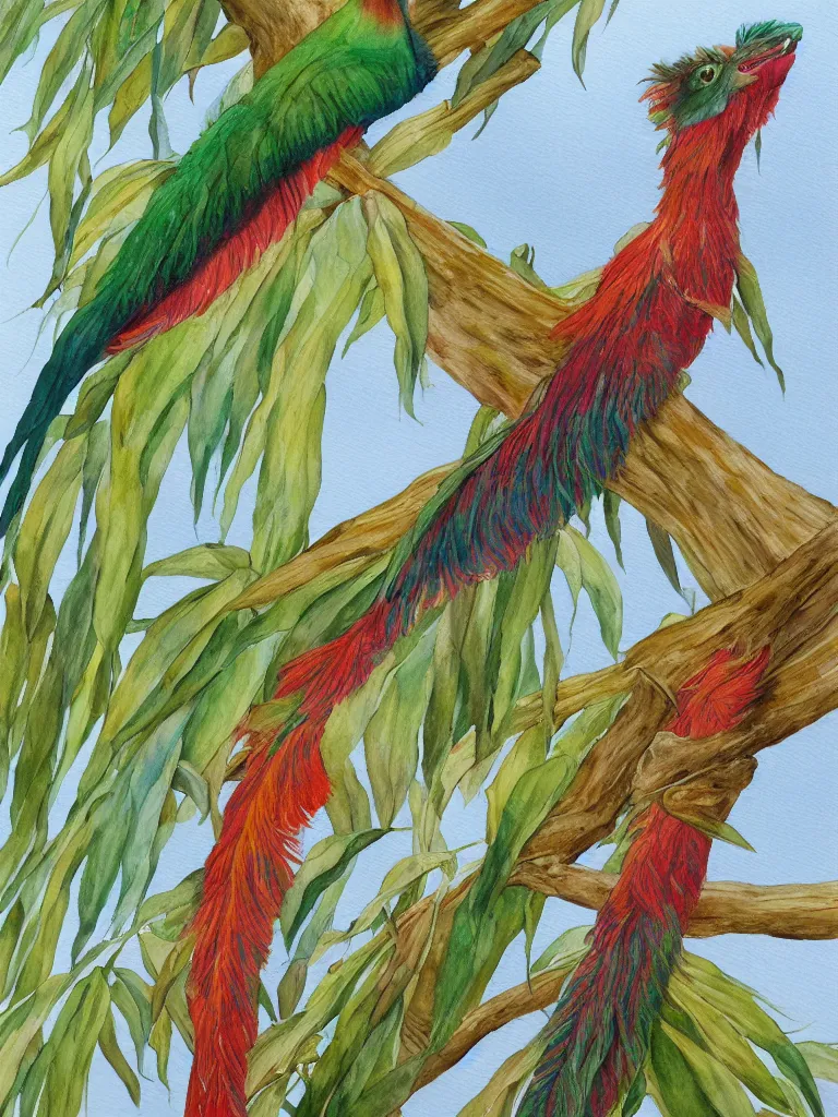 Image similar to A painting of a Resplendant Quetzal on a white background, watercolour, pastel colours,