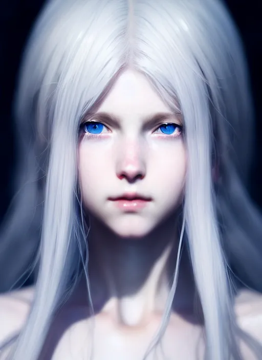 Prompt: detailed portrait of perfect white intricate haired girl, 1 9 century, beautiful, pretty face, blue eyes, innocent,, 4 k, sun yunjoo, realistic, highlights, cinematic lighting, highly detailed, sharp focus, artstation, masterpiece, art by hyungjin yang and akihiko yoshida and ruan jia