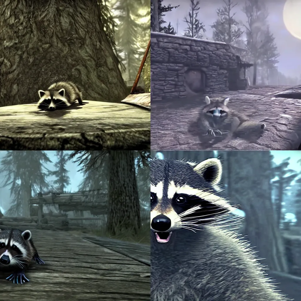 Prompt: A raccoon waking up in the cart in the Skyrim intro