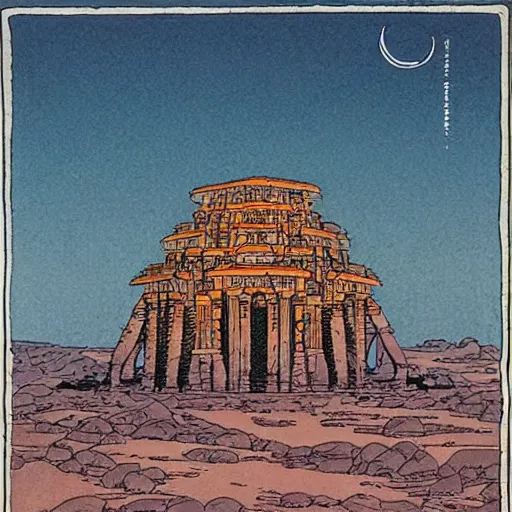 Image similar to Moebius illustrations of antic temple,