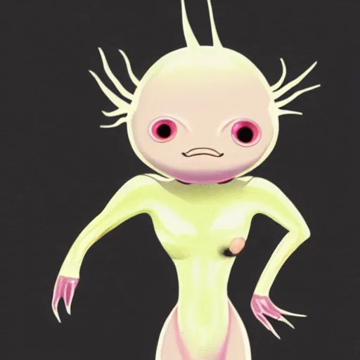 Prompt: alien girl that is based on an axolotl, pink,