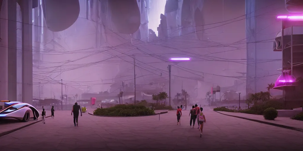 Image similar to a futuristic traditional mexican colony, no people on the streets, blade runner 2 0 4 9 city architecture, cyberpunk mexican futuristic luis barragan colonial architecture, spacex starship rocket launch site, environmental lighting, stormy weather, ray tracing, people walking on street, amazing view, highly detailed, heavy traffic, neon shops, octane render, unreal engine 5, 4 k