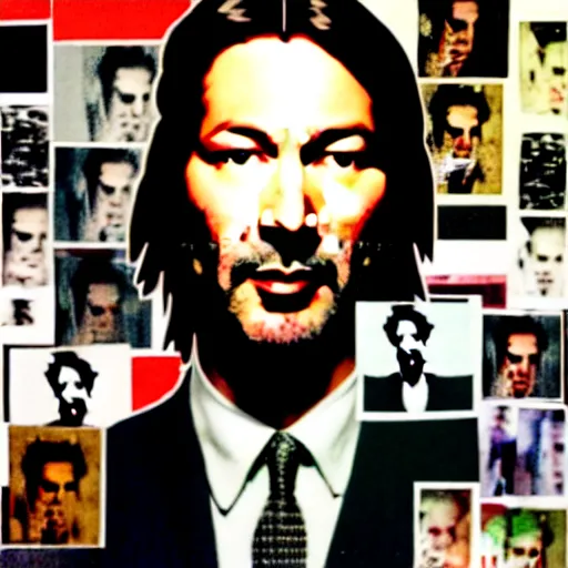 Prompt: portrait of keanu leaves, paper collage, mimmo rotella, kurt schwitters, richard hamilton, joe webb, chambliss giobbi, lynn skordal, derek gores, barbara kruger, jacques villegle.