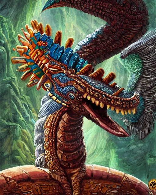 Prompt: digital painting of quetzalcoatl, mayan feathered serpent god, by filipe pagliuso and justin gerard, fantasy, highly detailed, intricate, sharp focus, tarot card, serpent head, fangs