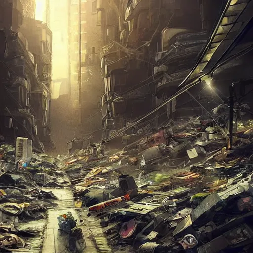 Image similar to futuristic underground polluted city, depressing, garbage piles, artstation