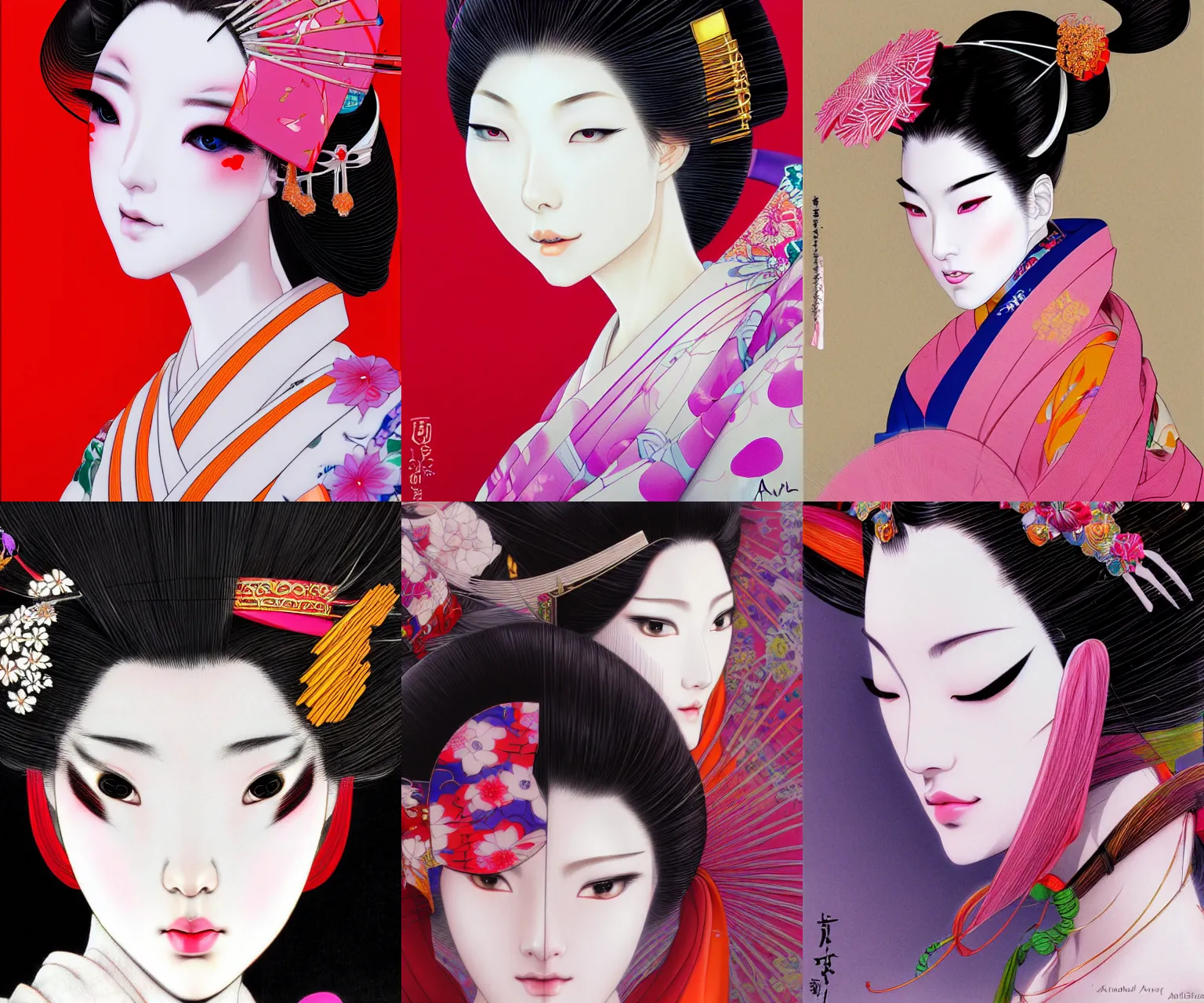 Prompt: portrait of a geisha, fashion, beautiful, elegant colorful, artstation trending, deviantart, highly detailed, focus, smooth, by hirohiko araki, yoshitaka amano