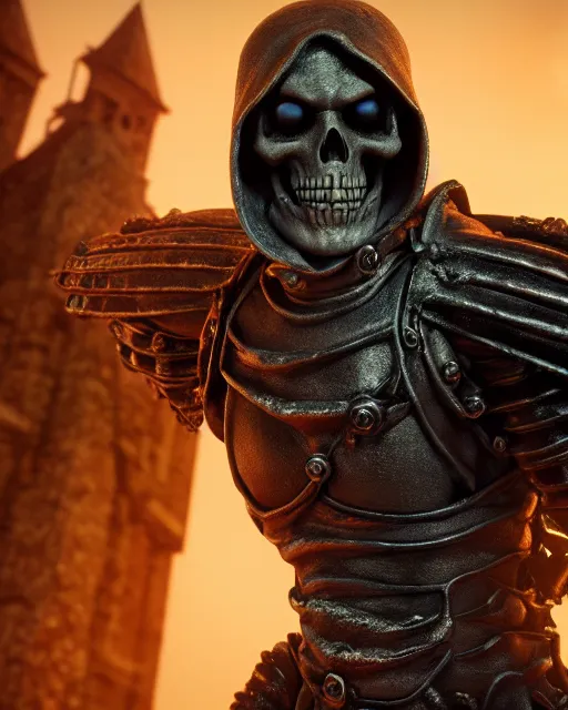 Prompt: closeup skeletor standing in a castle, rim lighting, octane, dark souls, craig mulins, octane, 8k