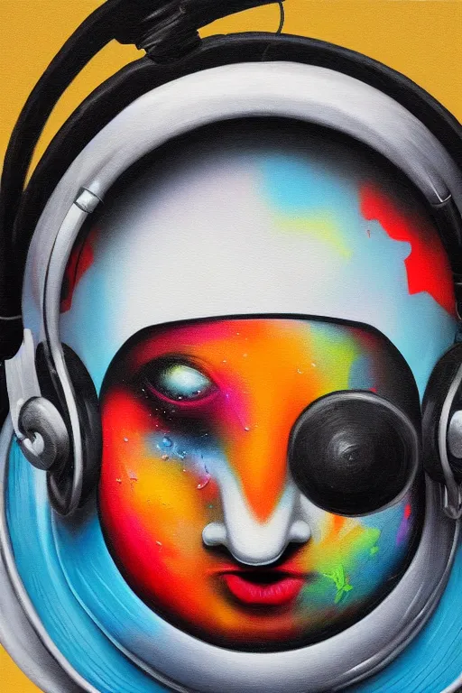 Image similar to hyperrealism surrealism acrylic painting, aerosol splashes on paper, close - up portrait of bowling ball - with big headphones and a mime sweater art by jeff soto