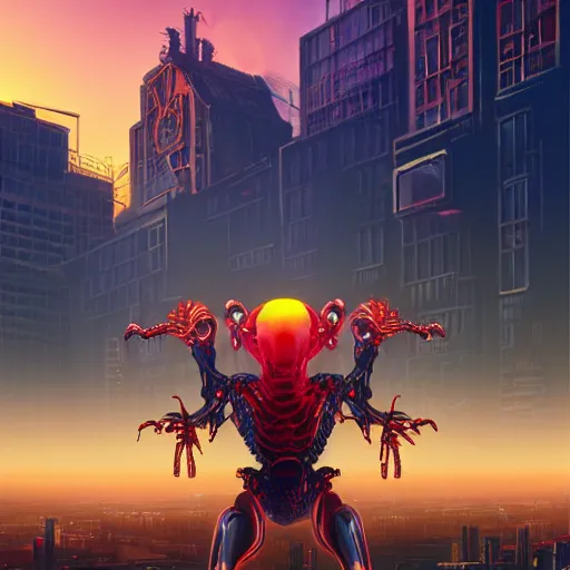 Prompt: exoskeletal robotic demonic creature, glowing, reptilian designed by jony ive in cybercity, golden hour, poster by michael whelan and gilbert williams and evgeny lushpin and artgerm and alena aenami, 3 0 mm, well proportioned, highly detailed, rule of thirds, long exposure