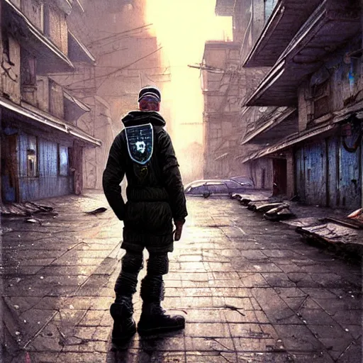 Image similar to A cyberpunk gopnik on the street of a Soviet slum on the moon, Norilsk, sci-fi, fantasy, intricate, very very beautiful, by Evgeny Zubvkov, elegant, highly detailed, digital painting, artstation, concept art, smooth, sharp focus, illustration, art by artgerm and greg rutkowski and alphonse mucha