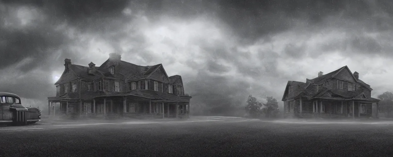 Image similar to Lovecraft Country, ultra detailed haunted house, ultra detailed storm clouds, establishing atmospheric shot, octane renderer, F11 aperture, night, volumetric fog, lighting and thunder, stormy weather, ultra detailed rain drops, reflections, film grain, single ultra detailed grey 1948 Packard Station Sedan parked in the street,