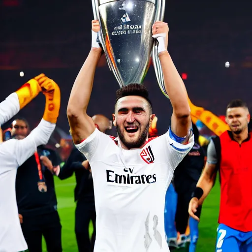 Prompt: high quality front picture of koke resurreccion lifting the champions league throphy with at madrid