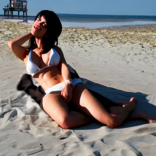 Prompt: Tifa Lockhart sunbathing at the beach