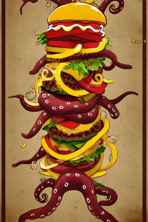 Prompt: illustration of a cheeseburger as an octopus, poster, highly detailed, 8 k, fine lines, trending on artstation