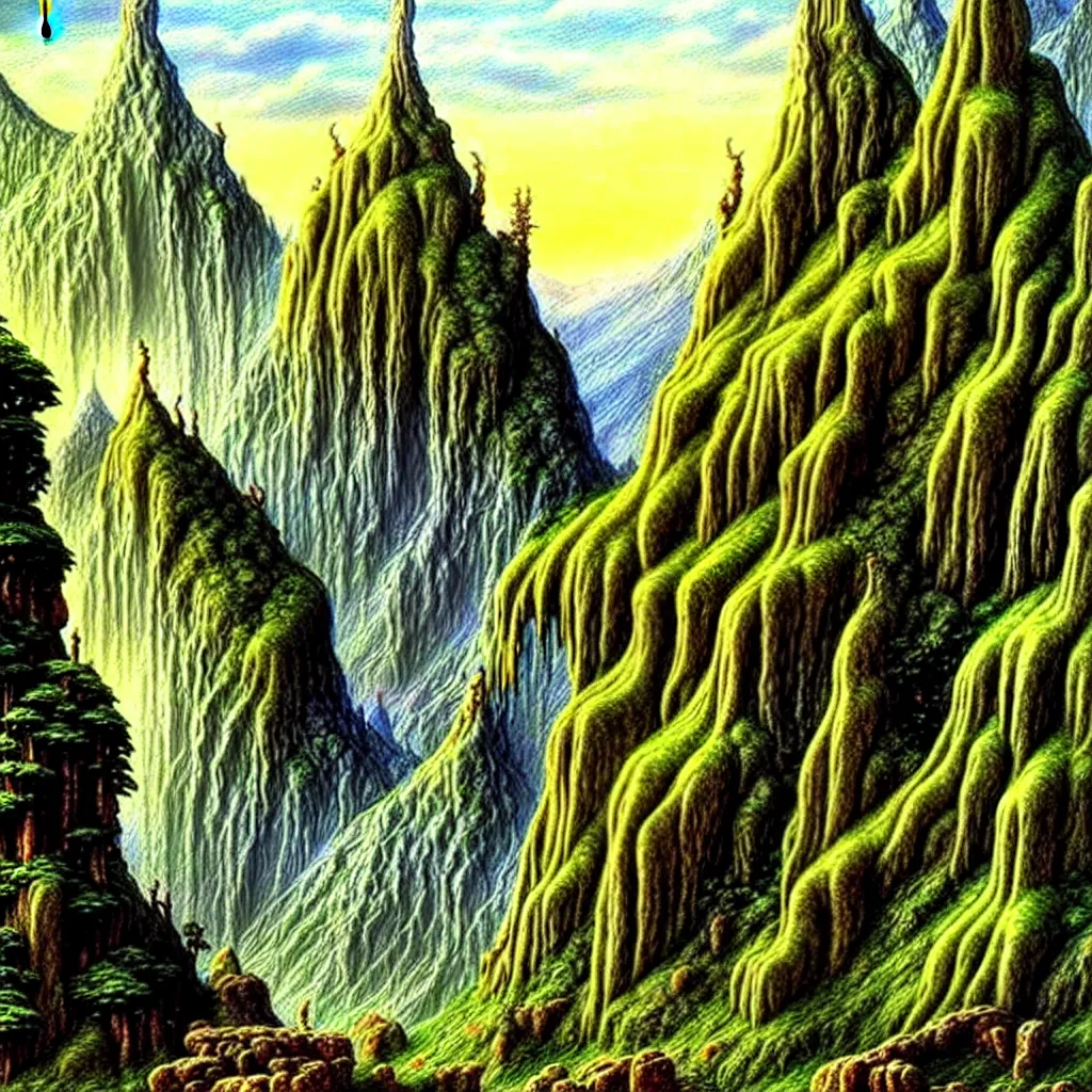 Image similar to A beautiful and highly detailed oil painting of an elven temple in the mountains, detailed trees and cliffs, intricate details, rivendell, 8k, sharp focus, hyper realism, by Caspar Friedrich,