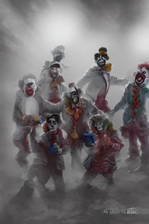 Image similar to a group of men dressed as clowns standing around tv screen in a dark foggy alley, highly detailed, trending on artstation