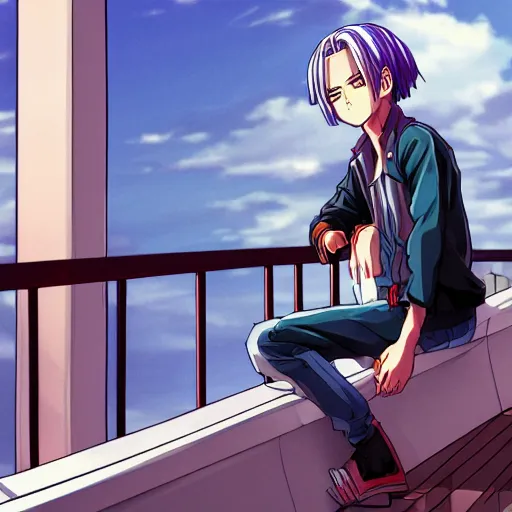 Prompt: trunks sitting on a balcony while listening to music, anime key visual, aesthetic, trending on artstation, 8 k