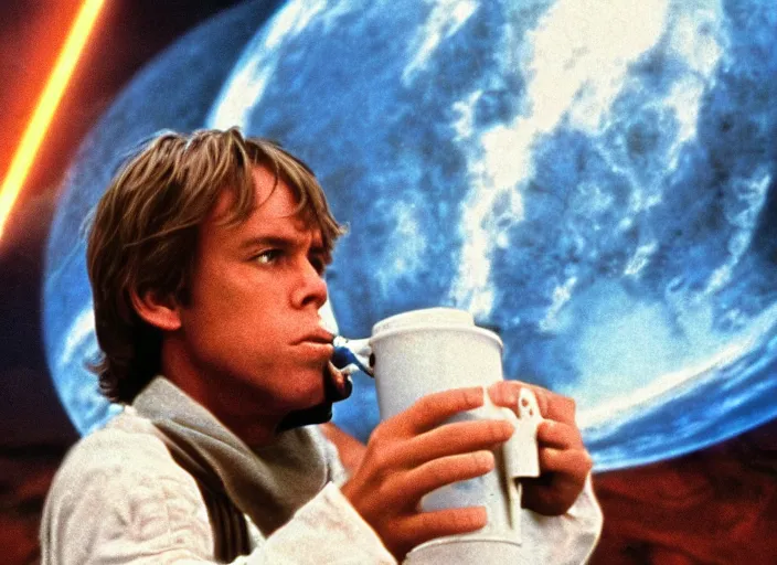 Image similar to screenshot of Luke Skywalker drinking blue milk, on a marble designed planet, famous scene from the 1980s film directed by Stanley Kubrick cinematic lighting, moody cinematography, with anamorphic lenses, crisp, detailed portrait, 4k image