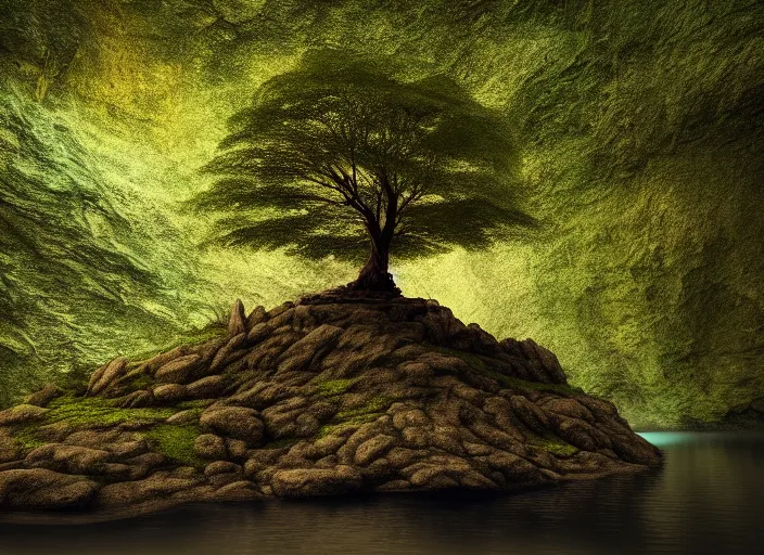 Image similar to a small tree on an island in a river in an underground cave. fantasy magic style. highly detailed 8 k. intricate. lifelike. soft light. sony a 7 r iv 5 5 mm. cinematic post - processing