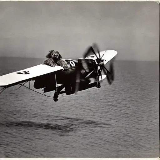 Prompt: a portuguese water dog flying in a biplane, 1 9 3 0 s photograph, 3 5 mm photo, highly detailed