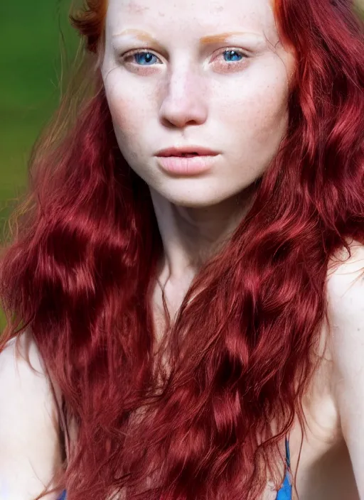 Image similar to close up portrait photograph of a thin young redhead woman with russian descent, sunbathed skin, with deep blue eyes. Wavy long maroon colored hair. she looks directly at the camera. Slightly open mouth, face takes up half of the photo. a park visible in the background. 55mm nikon. Intricate. Very detailed 8k texture. Sharp. Cinematic post-processing. Award winning portrait photography. Sharp eyes.