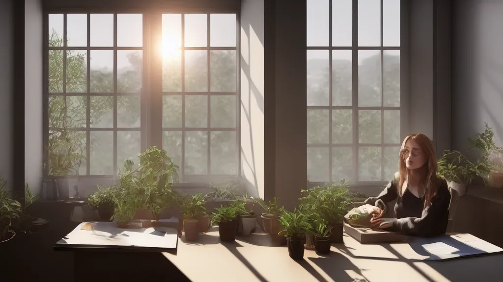 Image similar to peaceful dreamy painting of a beautiful young woman sitting at a desk, black cat on the desk, sunshine coming through the window, small plants on the window sill, 8k, hyper realism, trending on artstation, octane render, dynamic lighting