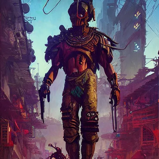 Prompt: a zulu cyberpunk warrior in a synthwave village by greg rutkowski and android jones, oil on canvas