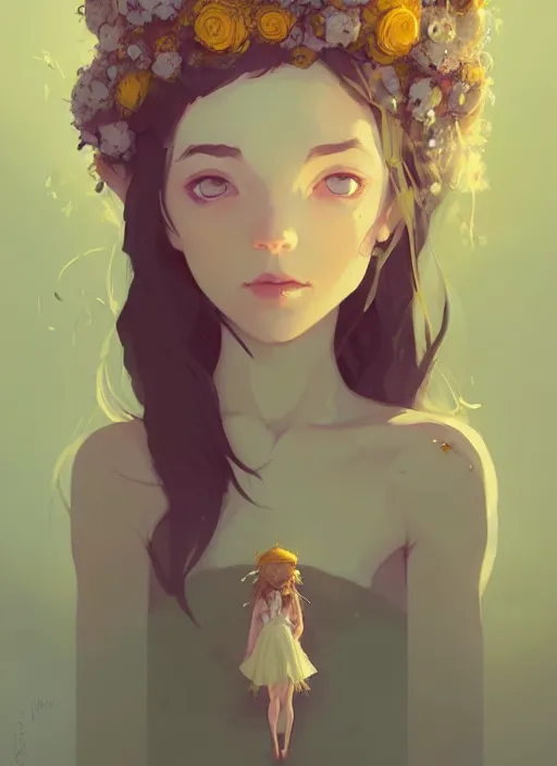 Image similar to portrait of cute fairy girl with crown of flowers fantasy, by atey ghailan, by greg rutkowski, by greg tocchini, by james gilleard, by joe gb fenton, by kaethe butcher, dynamic lighting, gradient light yellow, brown, blonde cream and white color in scheme, grunge aesthetic