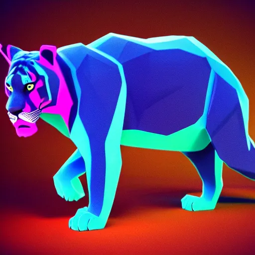 Image similar to ultra low low poly stylized render of a Sumatran tiger animal full body octane unreal engine render vaporwave blue and pink neon 4k